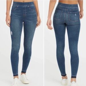 SPANX Distressed Raw Hem Skinny Ankle Pull On Blue Denim Jeans Slimming Size XL